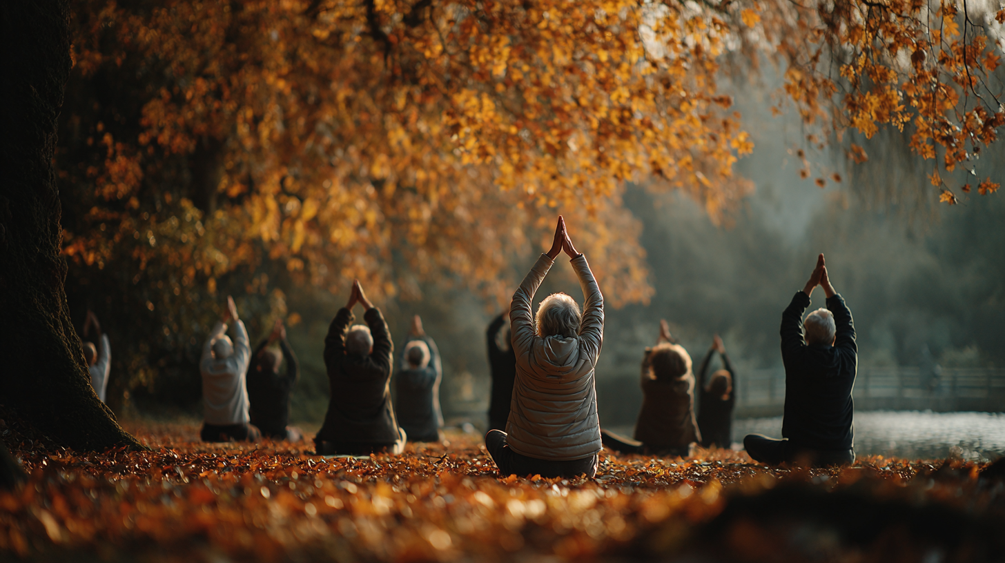 Instructor guiando a adultos mayores en una sesión de yoga al aire libre